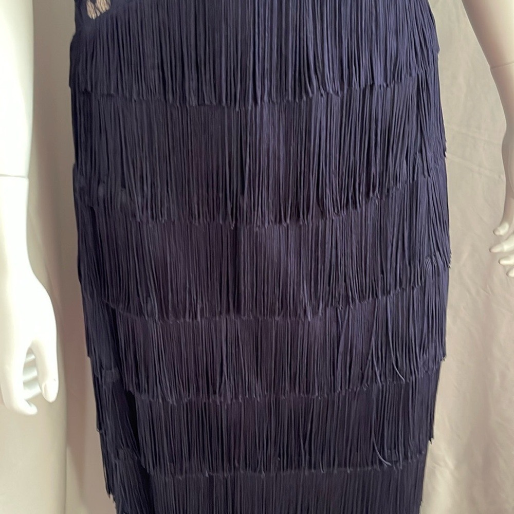 From Bloomingdale’s  navy long evening gown with all fringes and fully lined - Picture 10 of 17